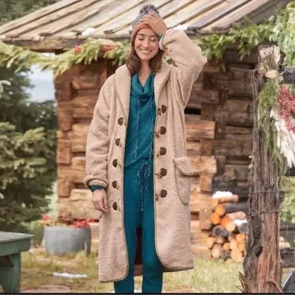 Sundance Sherpa Jacket Cozy Fleece Teddy Toggle Closure Long Coat Tan Small